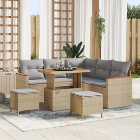 Conjunto de Sofá de Jardim vidaXL de 8 Peças com Almofadas Bege Polirattan Acácia