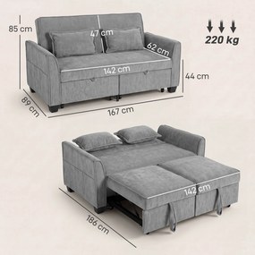 Sofá-cama de 2 Lugares 4 em 1 com 2 Módulos Extraíveis, Encosto Ajustável em 3 Posições, Bolsos Laterais e 2 Almofadas, Cinzento