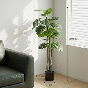 Árvore artificial, planta artificial Monstera, altura 1,5 m, tronco, ramos, líquen, folhas em forma de tartaruga, muito realista, vaso incluído