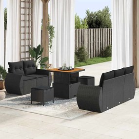 vidaXL Conjunto de sofá de jardim com 8 peças e almofadas de rattan preto e acácia.