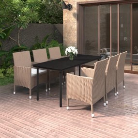vidaXL 7 pcs conjunto de jantar p/ jardim c/ almofadões vime PE/vidro