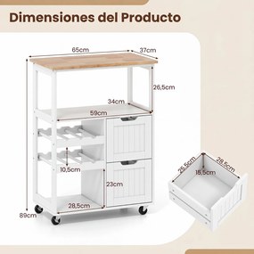 Carrinho de Cozinha com Garrafeira, 65 x 37 x 89 cm, Arrumação Completa, Branco