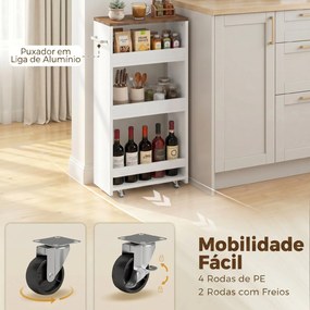 Carrinho de Cozinha Estreito de 3 Níveis com Rodas para Espaços Reduzidos, Sala de Jantar ou Sala, Branco