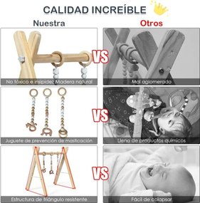 Ginásio para bebés com brinquedos para a dentição Desenvolvimento cerebral dobrável em madeira para crianças +3 meses 66 x 40 x 60 cm Natural