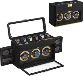 Coleção SONGMICS HOME RONNE - Caixa para relógio com 9 compartimentos, expositor para relógio com janelas de vidro, suportes ajustáveis para relógio, couro PU com relevo, efeito flutuante, presente de Natal, tinta preta UJWB026B01