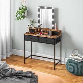 Toucador com espelho LED ajustável integrado 90 x 40 x 148 cm base em metal preto - 4 gavetas forradas a tecido castanho rústico