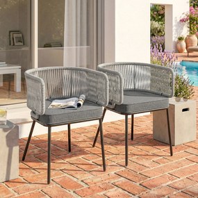 Conjunto de 2 cadeirões de jardim, encosto e braços em corda de resina trançada, almofadas removíveis, 46 x 58 x 72 cm, cinzento claro