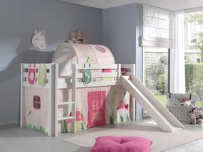 Conjunto Cama alta de Criança PINO 90 x 200 cm + estrado + escada + escorrega + cortina + 3 bolsas + túnel Primavera branca