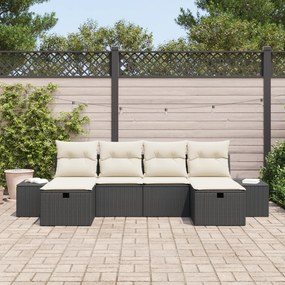 Conjunto de Sofá de Jardim de 6 Peças com Almofadas Preto Rattan PE