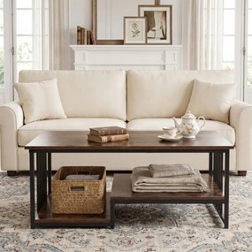 Mesa de centro retangular 110 x 60 x 45 cm com 2 prateleiras de arrumação, Estrutura metálica resistente, mesa moderna para sala de estar em castanho
