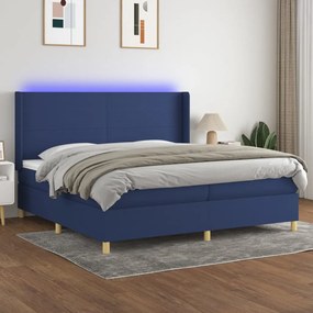 Cama box spring c/ colchão e LED 200x200 cm tecido azul