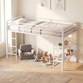 Cama Alta Infantil com Estantes para Arrumação, 196 x 96 x 126 cm (COLCHÃO NÃO INCLUIDO), Estrutura Metálica Reforçada, Branco