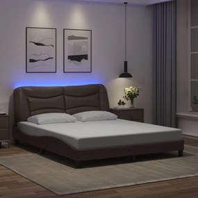 Estrutura cama c/ luzes LED 160x200cm couro artificial castanho