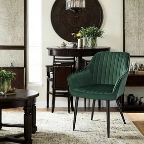Cadeira de sala de jantar ou cozinha em veludo estofada com braços e pernas de metal verde-preto