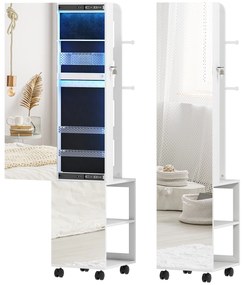 HOMCOM Armário de joias com espelho de pé giratório 360°, iluminação LED 37x40x165,5cm estrutura branca, forro preto | Aosom Portugal