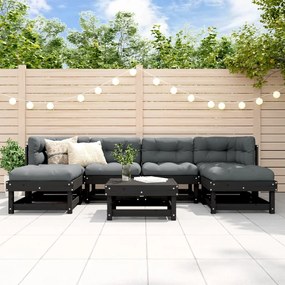 vidaXL 7 pcs conjunto lounge jardim c/ almofadões madeira maciça preto