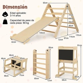 Conjunto 7 em 1 Escalador dobrável para crianças de 3 a 14 anos com rampa reversível, banco conversível e quadro divertido natural