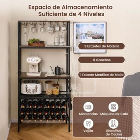 Garrafeira com tomada elétrica 75 x 33 x 165 cm, suportes para copos e chávenas, 3 prateleiras e 8 ganchos para cozinha, castanho