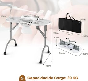 Mesa de manicure unhas portátil com lâmpada LED ajustável Coletor de pó elétrico 4 rodas bloqueáveis 90 x 43 x 73 cm Branco