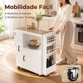 Carrinho de Cozinha com Rodas Estação de Carregamento Armário Organizador Extraível Porta-Especiarias e Barra para Panos 80x40x88 cm Branco