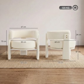 Poltrona em Tecido Bouclé com Almofada Lombar Assento Profundo Acolchoado e Braços Branco-Creme