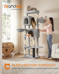Arranhador para gatos com 190,7 cm de altura, 2 cavernas e 2 cavidades para descansar Cinzento