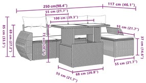 6 pcs conjunto de sofás p/ jardim com almofadões vime PE bege