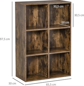 Estante de 3 Níveis Prateleira para Livros com 6 Cubos de Arrumação para Escritório 65,5x30x97,5 cm Castanho Rústico