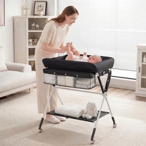 Mesa Trocador fraldas para Bebés Portátil e Dobrável Altura Ajustável 3 Níveis Organizador Móvel com Cesto Prateleira Rodas e Travão Preta