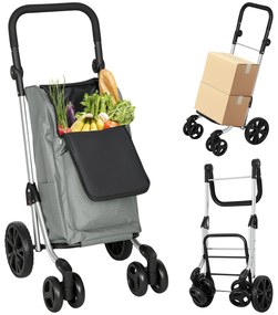 Carrinho de Compras Dobrável de 46 L de Alumínio com Saco Térmico 3 em 1 com 6 Rodas e Asa Ajustável 44x58x100 cm Cinzento