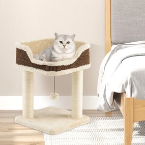 Arranhador para gatos 38 x 38 x 51 cm pequeno com assento em pelúcia, bola e colunas de sisal, bege