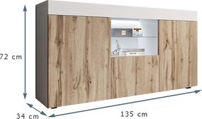 Aparador Elma de 135 cm com Luz LED - Branco e Pinho Atlântico - Desig