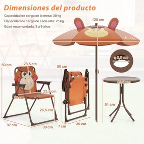 Conjunto de piquenique para crianças 3-6 anos Mesa de atividades ao ar livre com 2 cadeiras dobráveis e guarda-sol ajustável em altura Castanho