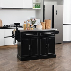 Ilha de Cozinha com Rodas Bancada de Aço Inoxidável 2 Gavetas 4 Portas e 2 Prateleiras Ajustáveis 145x45x93 cm Preto