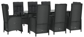 9 pcs conjunto de jantar p/ jardim c/ almofadões vime PE preto