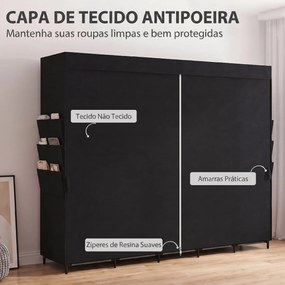 Roupeiro de Tecido com 5 Barras, 5 Prateleiras, 6 Bolsos Laterais, Fecho de Correr, Estrutura em Aço, 212x45x167 cm, Preto