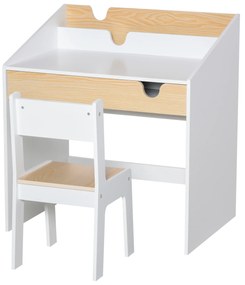 HOMCOM Secretária para Crianças de 3 e 6 Anos Conjunto de Mesa e Cadeira com Prateleira para Livros 70x50x75 cm Branco e Madeira | Aosom Portugal