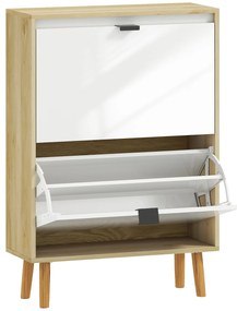 Sapateira Estreita com 2 Portas em Branco Brilhante e Estantes Ajustáveis Pés de Madeira para 12 Pares de Sapatos 60x24x91 cm