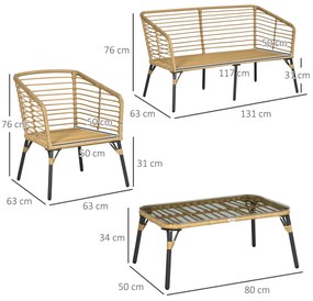 Conjunto de Móveis de Vime para 4 Pessoas Móveis de Jardim de 4 Peças com Sofá de 2 Lugares 2 Poltronas Mesa de Centro e 4 Almofadas para Varanda Páti