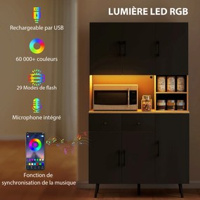 Armário de cozinha com iluminação LED RGB, bancada, 6 portas e 2 gavetas, 100 x 40 x 176 cm, preto