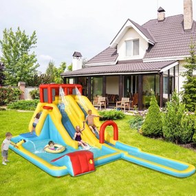 Castelo inflável 6 em 1 para parque aquático com soprador, jatos d'água e escorregador 525 x 373 x 203 cm
