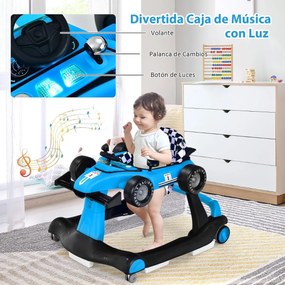 Andarilho dobrável com altura ajustável em 3 níveis, rodas com velocidade regulável e almofada removível para bebés de 6 a 18 meses Azul