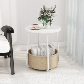 Mesa apoio, Mesa de cabeceira redonda 45 x 45 x 50,5 cm de 2 níveis com cesto de armazenamento em tecido pequena moderna Branca
