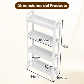 Carrinho estreito de 4 níveis com rodas e pegas 54 × 18,5 × 103 cm Organizador móvel para cozinha, casa de banho, lavandaria e escritório Branco