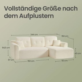 Sofá modular de canto com Chaise long à direita, 150 x 244 x 73 cm branco creme