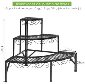 Suporte para plantas e vasos com 3 níveis de metal Suporte para prateleiras de metal para varanda interior do jardim 59 x 59 x 61 cm Preto