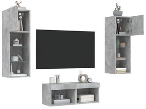 vidaXL 4 pcs móveis de parede para TV com luzes LED cinza cimento