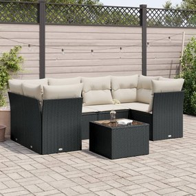 7 pcs conjunto de sofás p/ jardim c/ almofadões vime PE preto