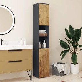 Armário de coluna para casa de banho com 2 portas 30 x 30 x 183 cm,, prateleira ajustável e 2 nichos, cor carvalho e cinzento escuro