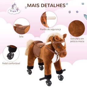 HOMCOM Cavalo para Crianças acima de 36 Meses Cavalo com Rodas Sons de Relincho e Pedais Carga Máxima 60 kg 55x23x60 cm Marrom